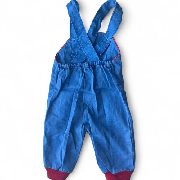 Vintage unisex blue and red Denim One piece 6/9m overalls set - Picture 2 of 2